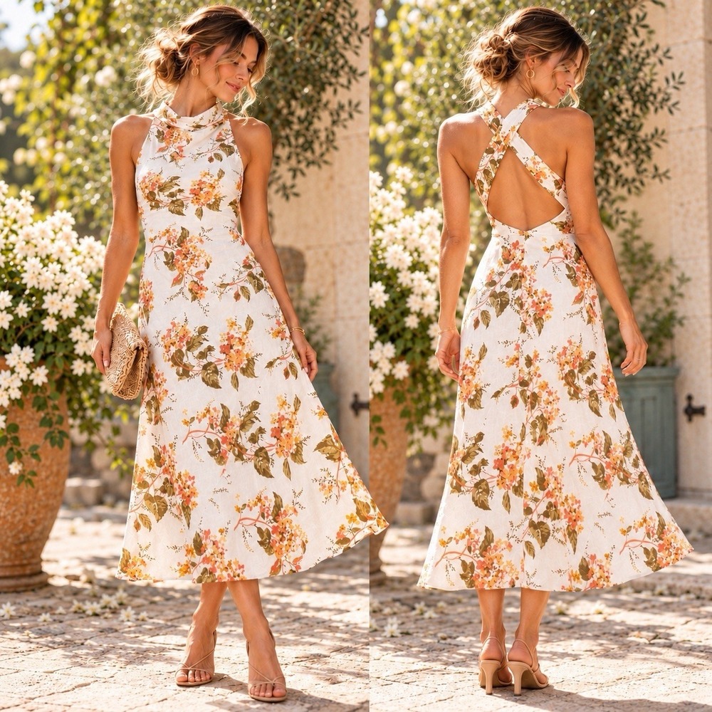 Reformation Casette Bella Floral Linen Midi Dress Womens 4 Open Back